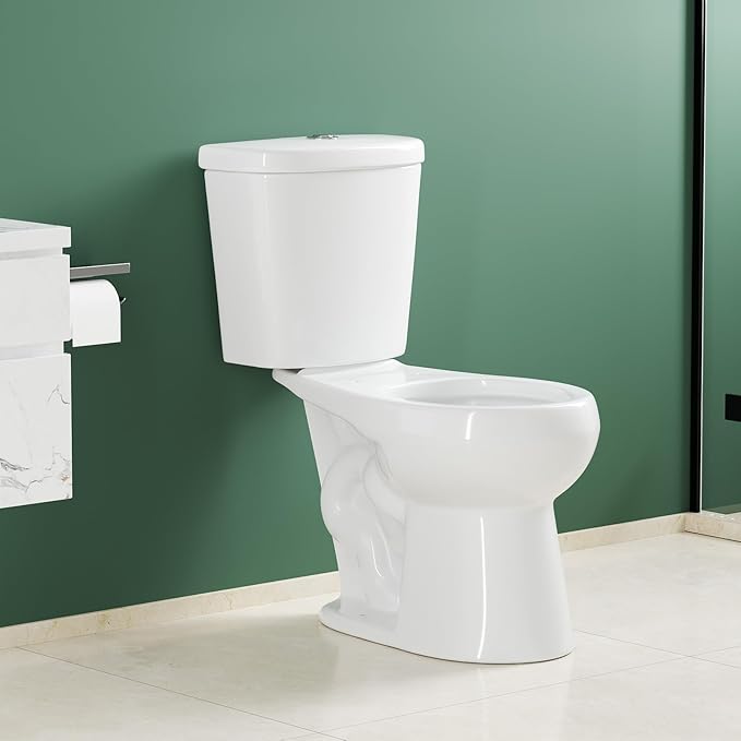 Two Piece Toilet, 17" Round with Upgraded Flushing, Dual Flush Buttons (Top Mounted), Includes Hardware (Seat Not Included), White, 12" Rough-in