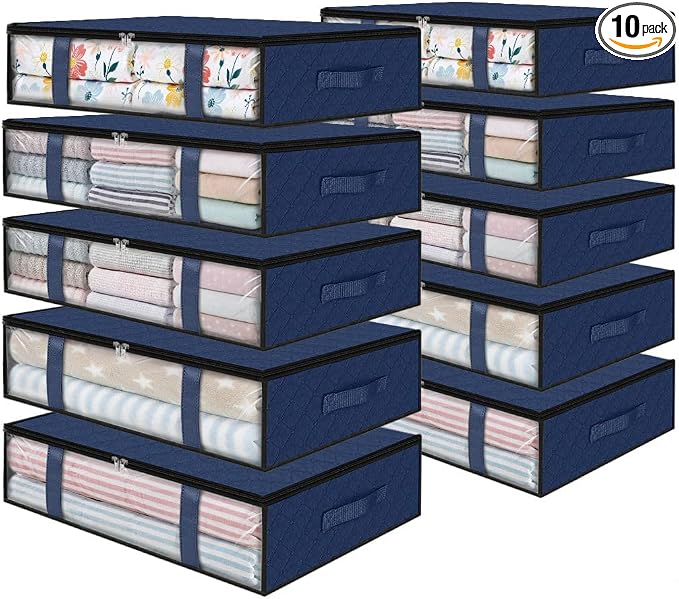 StorageRight Under Bed Storage Bags, 10 Pack, 40L, Blue | Breathable Non-Woven Fabric with a Clear Window and Zippered Top for Clothes, Comforters, Blankets and Seasonal Storage
