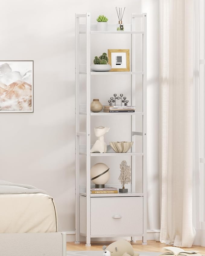 Furologee 6 Tier Bookshelf, Tall Shelf with Drawer, Wood and Metal Bookshelves Storage Organizer, Modern Display Shelving Unit for Bedroom, Living Room, Home Office, White