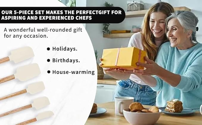 Ptanexx 5-Pcs Wooden Handle Silicone Spatula Set - Heat Resistant up to 428°F.Baking Spatulas for Batter Mixing, Cooking, Jar Scraping, Frosting & More | BPA FREE Gadgets for Non-Stick Cookware