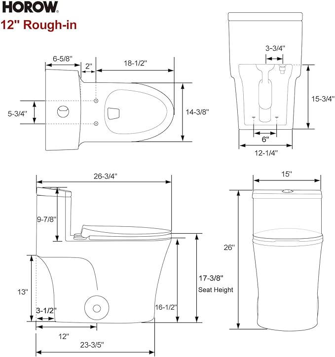 HOROW T0338WM Elongated One Piece Toilet Matte White, ADA Toilet 17.3" with Comfort Chair Height Seat, 0.8/1.28 GPF Powerful Dual Flush Toilet for Bathroom, 12" Rough-in Skirted Toilet Bowl