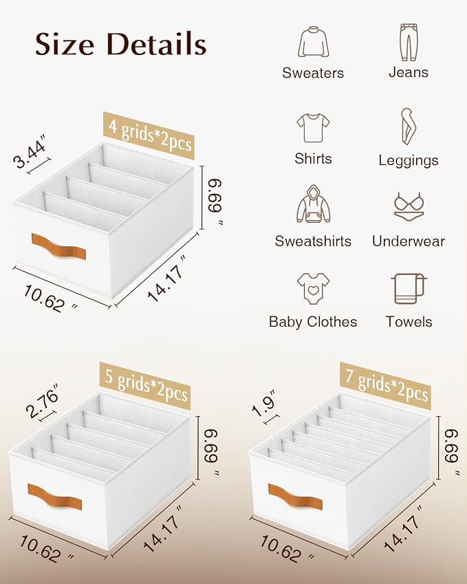 Homsorout Clothes Organizers and Storage - 4/5/7 Grids Fabric Jeans Organizer with Handles, Foldable Closet Organizers Dividers, Wardrobe organizer for Pant, Sweater, T-shirt, Scarf, 6 Pack, White