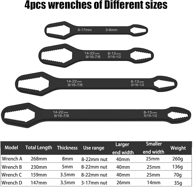4 PCS Universal Torx Wrench Double-Head Self-Tightening Wrench, 3mm-22mm Adjustable Glasses Wrench, Multi-purpose Multi-function Wrench for Outdoor Riding Home Car Repair Tools