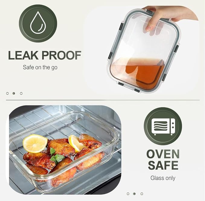 KOMUEE 10 Packs 30 oz Glass Meal Prep Containers,Glass Food Storage Containers with Lids,Airtight Lunch Bento Boxes,Microwave,Freezer and Dishwasher,Gray