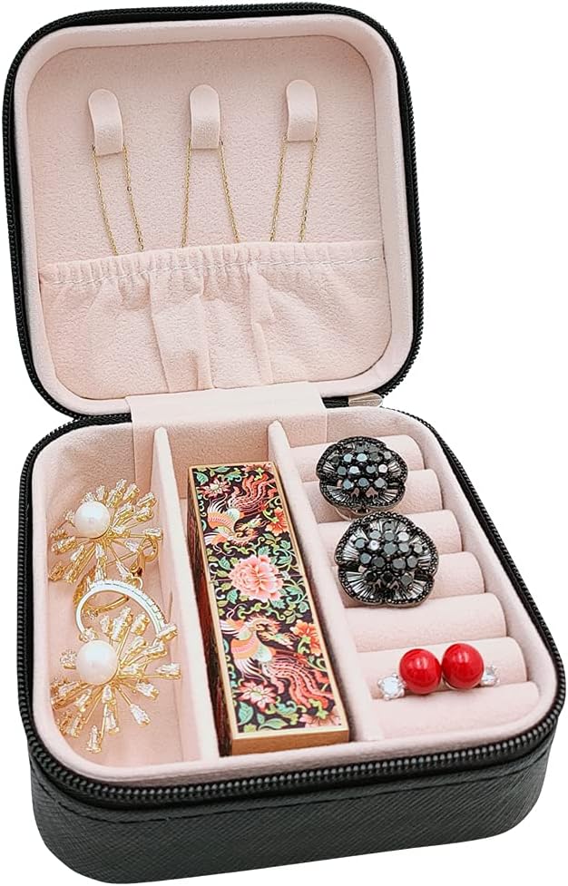 TRODANCE Mini Jewelry Case, Small Travel Jewelry Organizer, Portable Jewelry Box Storage Display Box For Rings, Earrings, Necklaces (Black-4pcs)