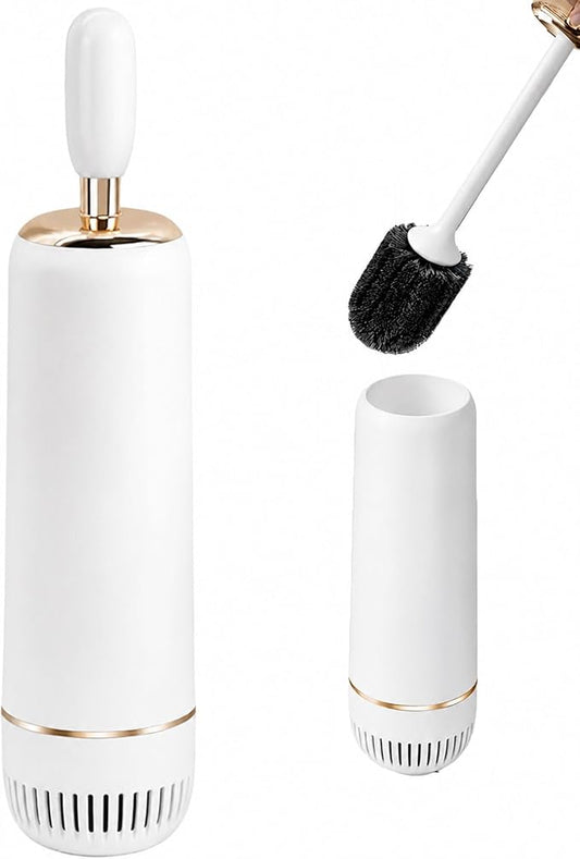 Toilet Brush Set, Dense Nylon Bristles, Wall Mount, Non-Scratch, White Gold | 16.5" Handle | Splash-Proof | Odor-Locking Lid | Ventilated Base | Hideaway Brush Head | Thick ABS | 2 Adhesive