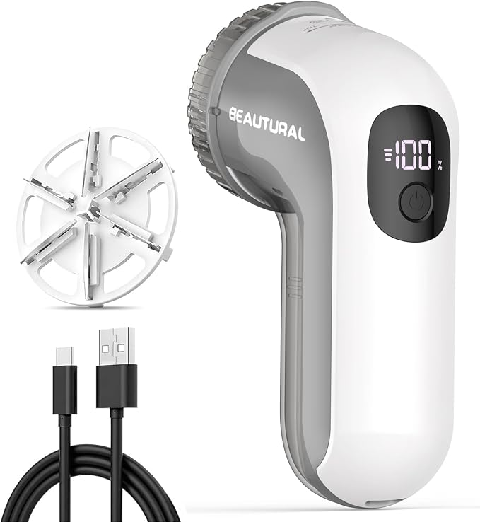 BEAUTURAL Fabric Shaver and Lint Remover, Portable Sweater Defuzzer | Rechargeable, 3 Speeds, 6 Leaf Blades, Digital LED Display, Remove Pilling for Clothes, Furniture, Couch, Blanket