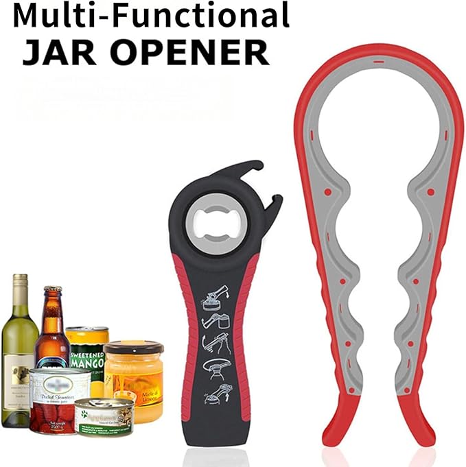 Multi-Grip Jar Opener and Bottle Opener Tool, Ergonomic Design with Non-Slip Handles, (white and red)