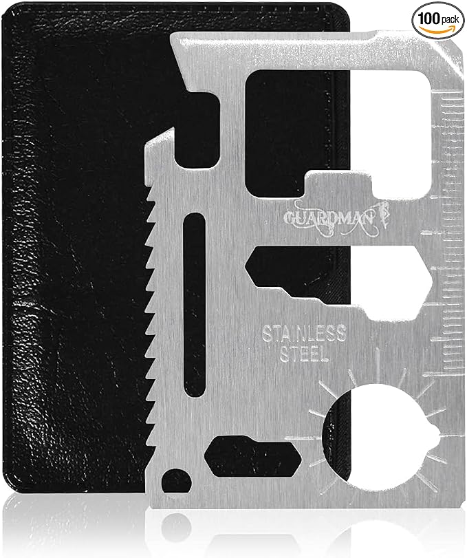 GUARDMAN 11-in-1 Survival Credit Card Multitool – Fathers Day Stocking Stuffer Christmas Gift - Multipurpose Tactical Wallet Tool With Bottle Opener, Survival Knife For Men Birthday Dad - 100 Pack
