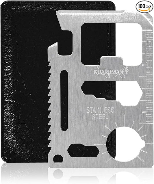 GUARDMAN 11-in-1 Survival Credit Card Multitool – Fathers Day Stocking Stuffer Christmas Gift - Multipurpose Tactical Wallet Tool With Bottle Opener, Survival Knife For Men Birthday Dad - 100 Pack