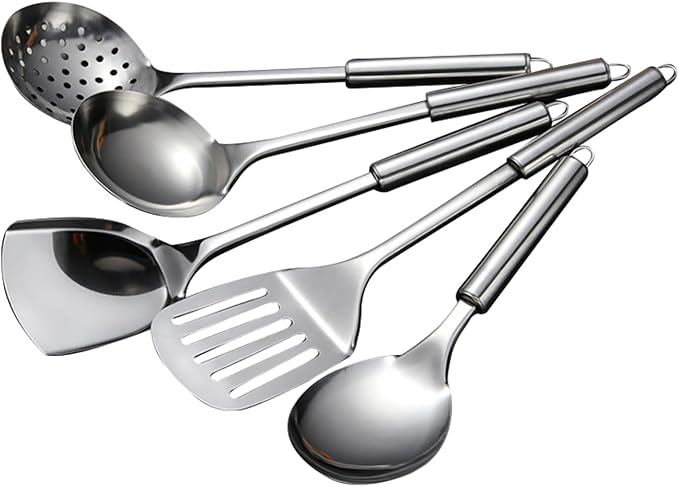 5 PCS Cooking Utensils Set Stainless Steel Kitchen Utensils Gadgets Resistant Cooking Tools Includes Slotted Spoon, Slotted Spatula, Large Spoon, Soup, Spatula(Sliver)