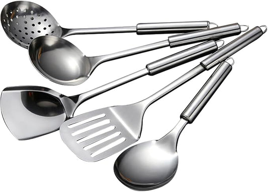 5 PCS Cooking Utensils Set Stainless Steel Kitchen Utensils Gadgets Resistant Cooking Tools Includes Slotted Spoon, Slotted Spatula, Large Spoon, Soup, Spatula(Sliver)
