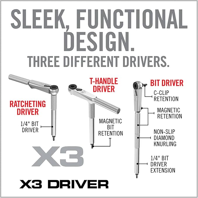 Real Avid X3 Precision Screwdriver Set with 1/4 Ratchet Wrench Bit Driver & Bit Extension - Tool Kit Includes Torx, Hex, Phillips, Flat & Square Bits (56 Piece)