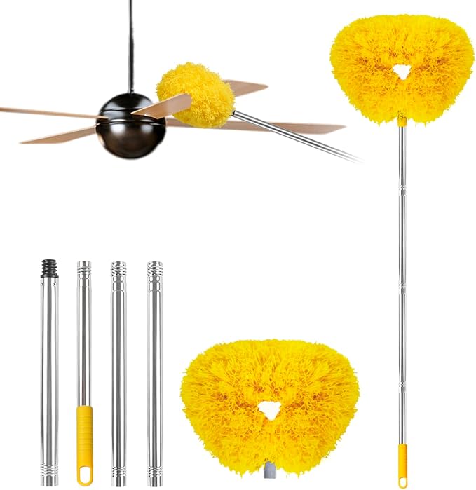 Ceiling Fan Cleaner Duster Reusable Microfiber Ceiling Fan Blade Cleaner Removable Duster with Extension Pole Adjusts 13 to 49.7 Inch for Cleaning Walls Bookshelves Furniture Door Window Top (Yellow)