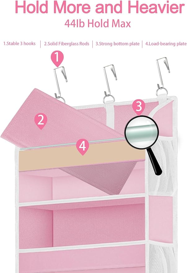 TAHAVICE Over the Door Organizer with Clear PVC Windows & 10 Mesh Pockets | 5-Tier Hanging Storage, Cute Closet Organizer for Makeup, Perfume, Toys, Perfect Pink Room Decor for Girl
