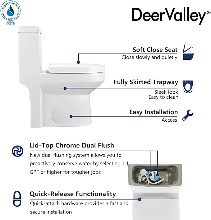 DeerValley Compact One Piece Toilet Standard Seat Height for Small Bathroom Dual Flush 1.1/1.6 GPF Powerful and Quiet 10'' Rough-In Skirted Toilet White