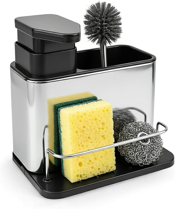 Dish Soap Dispenser, 3-in-1 Sponge Holder, Organizer Dish Soap Dispenser,Sink Caddy,Stainless Steel Dishs Brush Scrubber with Sponge Holder(Color:Black)