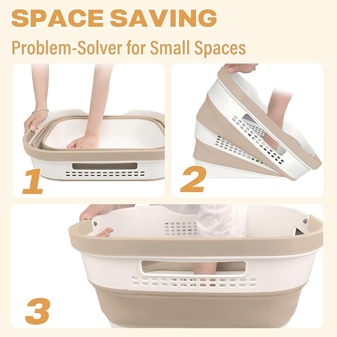 OOAMBB 43L+43L Collapsible Laundry Baskets plastic (Beige, 2 Packs) | Pop Up Laundry hamper/Storage Container, Foldable Laundry Basket with Handles, Durable,Space Saver