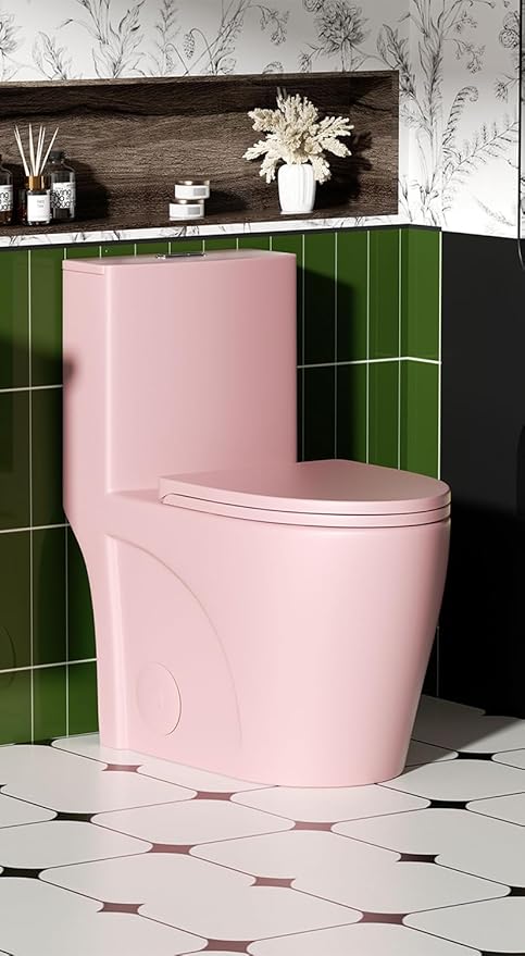 Dual Flush One Piece Toilets for Bathrooms, Compact Pink Toilet Elongated with Soft Closing Seat, Modern 12 Inch Rough in Toilet, 1.6 GPF & Map 1000g, Comfort Height, Silent Design (Pink+31H)