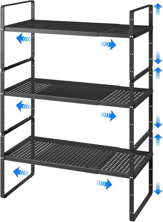 Expandable Cabinet Shelf Organizers, Kitchen Small Stand Rack Organization for Countertop Cupborad Pantry Desktop Spice Rack, Black 3 Pack