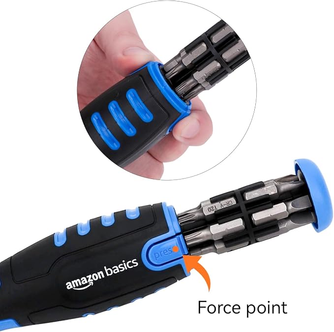 Amazon Basics 12-in-1 Ratcheting Magnetic Screwdriver Set with Bit Storage in Handle, Portable Repair Tool Kit, Security Torx, Phillips, Flat, Hex, Torx, Black, Blue, Silver
