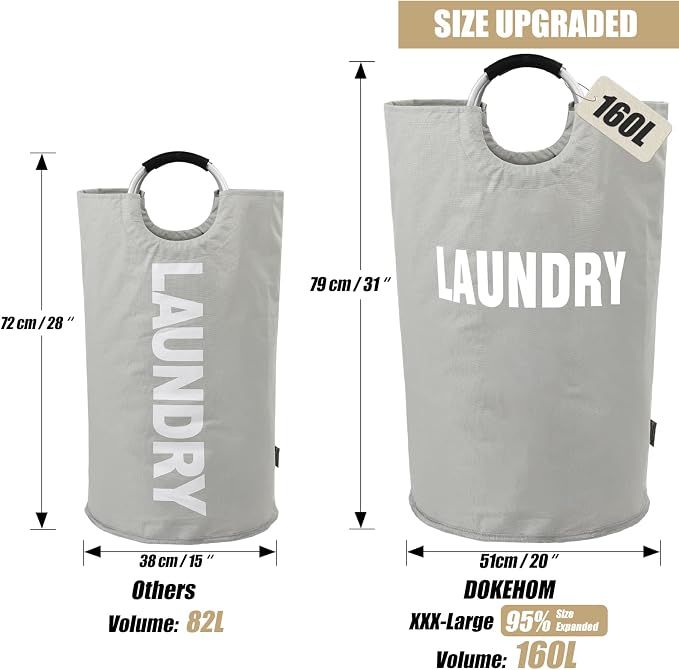 DOKEHOM 160L XX-Large Laundry Basket (7 Colors), Collapsible Laundry Bag, Foldable Laundry Hamper, Folding Washing Bin (Grey, XXL)