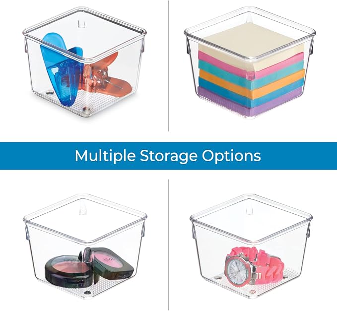 iDesign Linus Plastic Drawer Organizer, 3" x 3" x 2", Set of 2, Clear | Storage Container, For Vanity, Bathroom, Kitchen Drawers