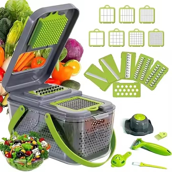 22 Blade All-in-1 Vegetable Chopper Mandoline Slicer with Container, Spiralizer with Containers, Food Chopper, Onion Chopper, Veggie Cutter for Salad, Kitchen Gadgets Accessories Essentials, White
