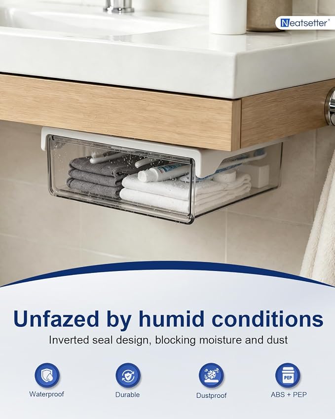 Clear Storage Drawer – 25° Tilted Front, Self-Adhesive Organizer for Bathroom, Kitchen & Office (Small)