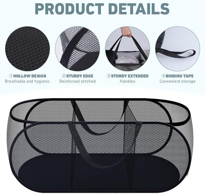 2 Pieces Up Laundry Hamper, 3 Compartment Collapsible Mesh up Laundry Basket, Collapsible Mesh Laundry Baskets for Family College Dorm Hoom Dirt Clothes Bin with Handle