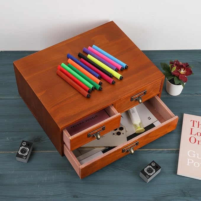 Wooden Storage Box Countertop Drawers Vintage Wooden Drawers Apothecary Cabinet Wood Desktop Organizer Box Library Card Catalog Cabinet（BROWN03）