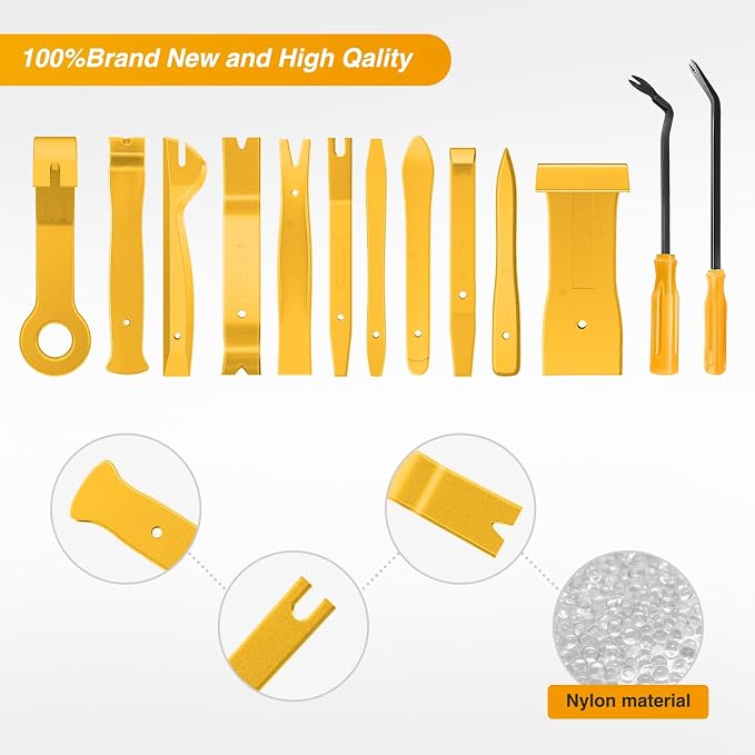 GOOACC 13PCS Nylon Trim Removal Tool Set | for Bumper Fastener Rivet Clips Car Door Clip Panel Audio Video Dashboard Dismantle Yellow