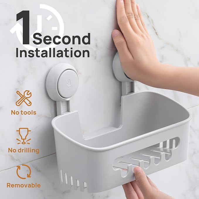 LEVERLOC Shower Caddy Suction Cup Shower Organizer Bathroom Storage Removable Powerful Suction Shower Shelf, Gray