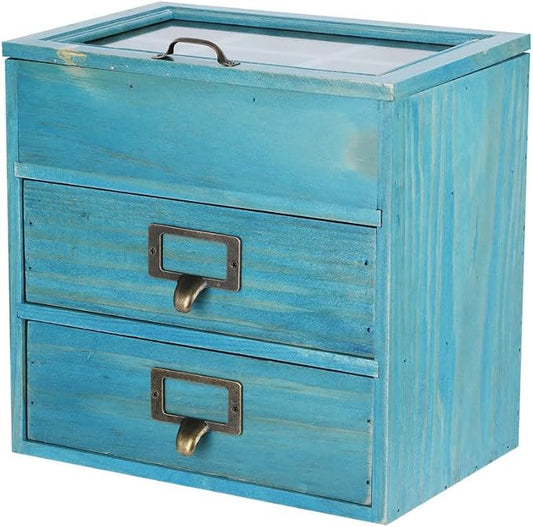 Small Wooden Drawers Wooden Box with Drawer Blue | 2 Drawer Storage Box for Apothecary Cabinet, Apothecary Drawers，Desktop Organizer with Metal Handles for Office，Home