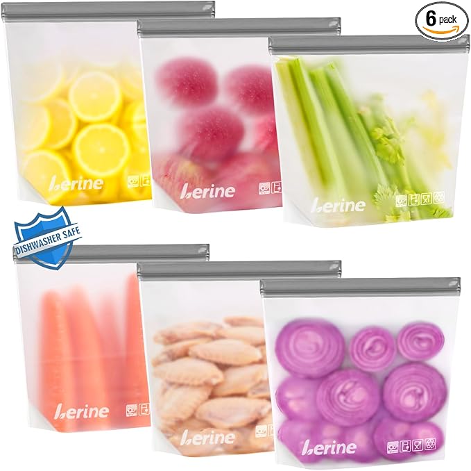 Lerine Reusable Gallon Freezer Bags Stand Up, Dishwasher Safe, 6 Pack, Gray | Leakproof, double seal closure, food-grade material, BPA-free for meat, vegetables, bread and travel