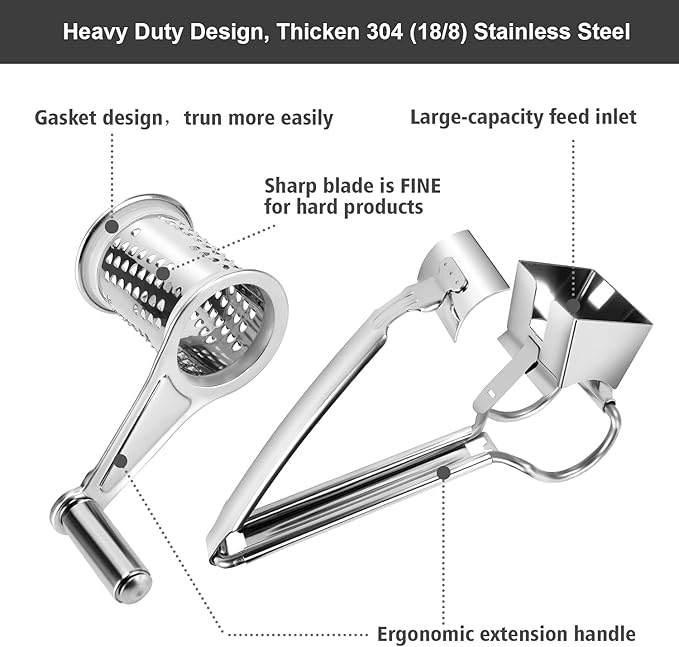 TONMA Multipurpose Rotary Cheese Grater with 1 Stainless Steel Handheld Drums for Parmesan, Mozzerella, Vegetables and More, Ergonomic Design