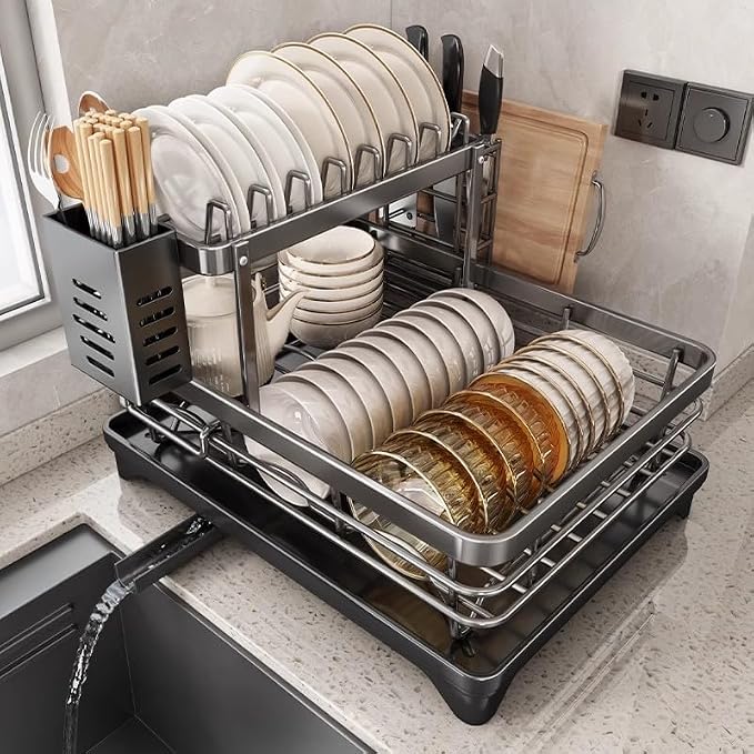 Dish Drying Rack for Kitchen Counter, 2-Tier Metal Dish Rack with Drainboard, Utensil Holder and Plate Rack, Compact Countertop Dish Drainer for Plates, Bowls, Cups and Cutlery, Black