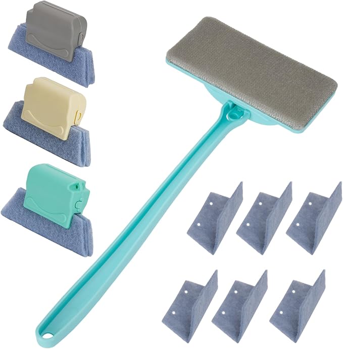 Window Screen Cleaner, Mesh Screen Cleaning Brush Kit with Track Brush | Complete kit: 7.1" bristle brush for screens, 3 groove brushes for tracks, 6 reusable pads, 14.8" handle. Wet/dry dual-use