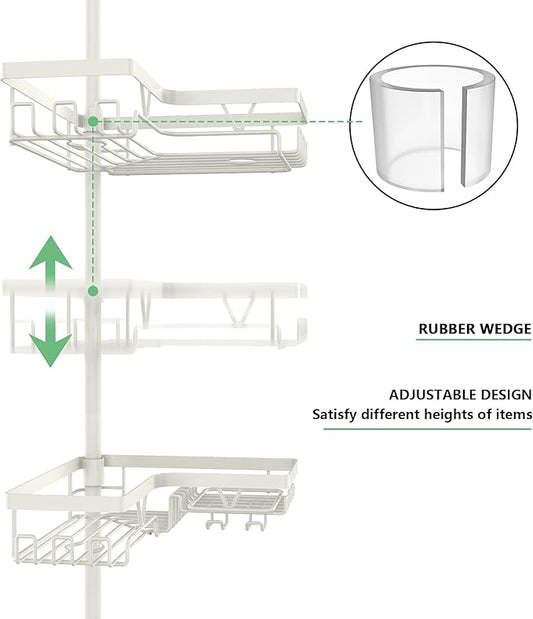 DAOYA Corner Shower Caddy Tension Pole, 4-Tier Adjustable Corner Shower Caddy with Soap Dish & Razor Holder, Stainless Steel Tension Pole Shelf Fits Bathtub & Floor 25-114.2 inches(Off-white)