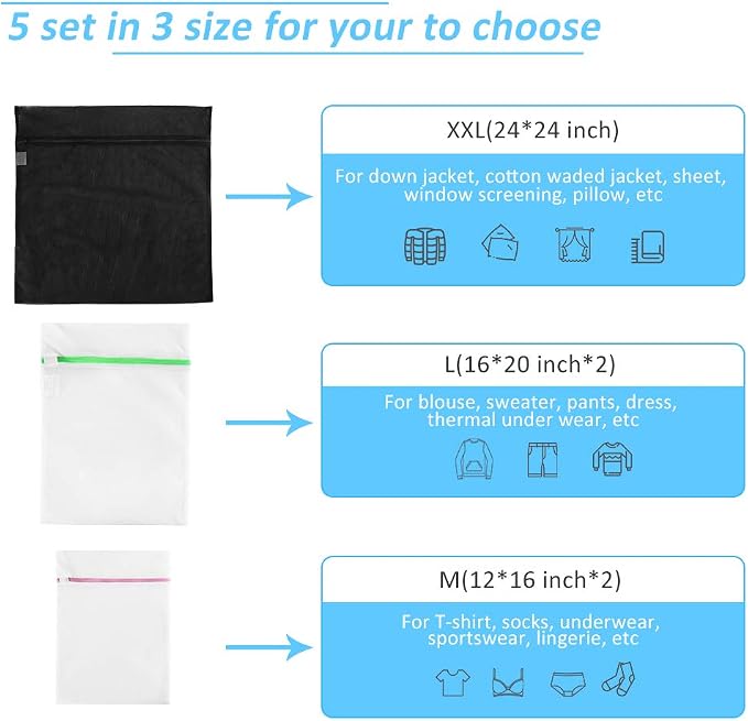 GOGOODA Mesh Laundry Bags for Delicates Durable Protective Wash Bags | Travel Storage Bags for Intimates Lingerie, 5PCS (1XXL,2L,2M)