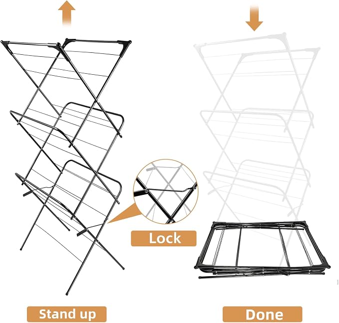 Foldable Clothes Drying Rack Laundry Drying Rack Black | Collapsible Use for Indoor & Outdoor | Space Saving | 54"x24"x17" | Easy to Assemble