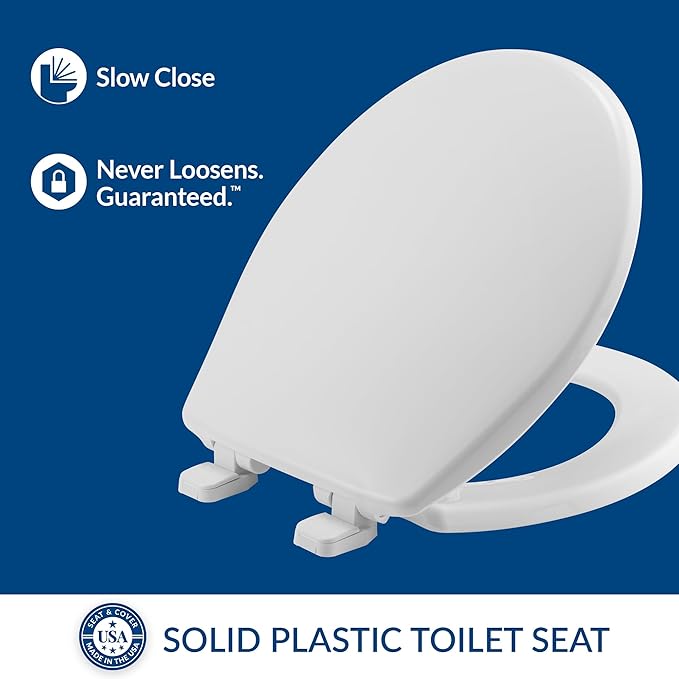 Mayfair Caswell Modern Slow Close Toilet Seat, Durable Plastic Seat, Made in USA, Round, White