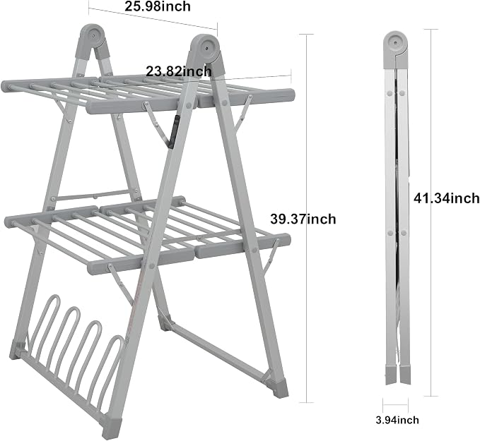 Electric Heated Clothes Drying Rack,Foldable Heated Garment Dryer with Timer Shut-Off Laundry Rack for Clothes Shoes Socks,Aluminum Alloy,Silvery Gray,Plug & Play,(39.37x25.98x23.82in)