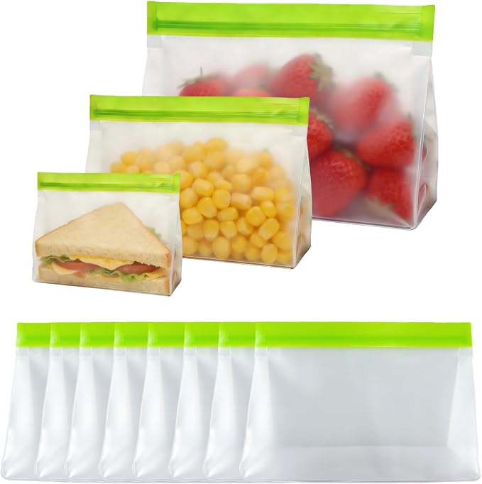 PABCK 10Pcs Reusable Silicone Freezer Bags 5Green+5Orange 9.8x7.3+2.76 inch | Stand Up Freezer Food Bags Leakproof Resealable Produce Bag for Sandwich Smell Proof Fridge Organization for Lunch Travel