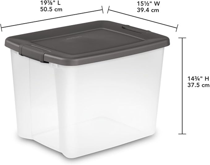 Sterilite 19373V06 50 Quart / 47 Liter Shelf Tote, Clear Base with Flat Gray Lid and Latches, 6-Pack | Clear Bins with Gray Lids - Stackable Organizing Container Boxes for Closet, Bathroom, and Office