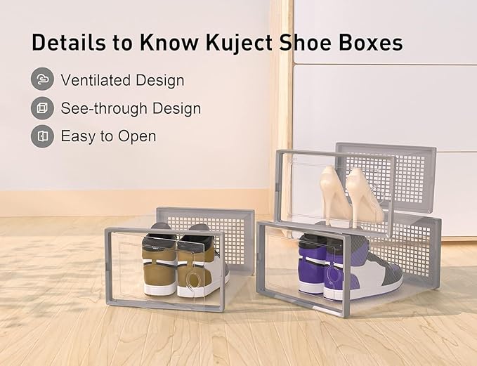 Kuject X-Large Shoe Storage Boxes 12 Pack, Clear Stackable Shoe Organizer | Shoe Case for Closet, Entryway & Under-Bed Storage, Drop-Front Design, Space-Saving Solution for Family Organization,Grey