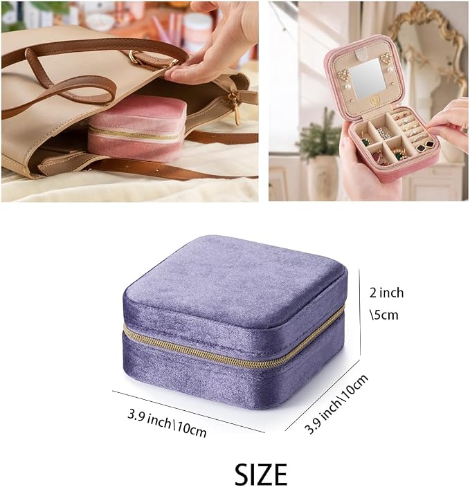 ZPROW Plush Velvet Travel Jewelry Case, Travel Jewelry Organizer, Jewelry Travel Case,Travel Jewelry Box,Small Jewelry Case,Jewelry Travel Box, Earring Organizer with Mirror - Periwinkle 4packs