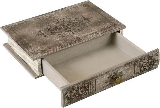 Vintage Book-Shaped Storage Box with Drawer, Distressed Vintage Brown Faux Leather Finish and Gothic Medallion Motif, Decorative Hidden Organizer for Home or Office 9.5″ x 6.7″ x 2″