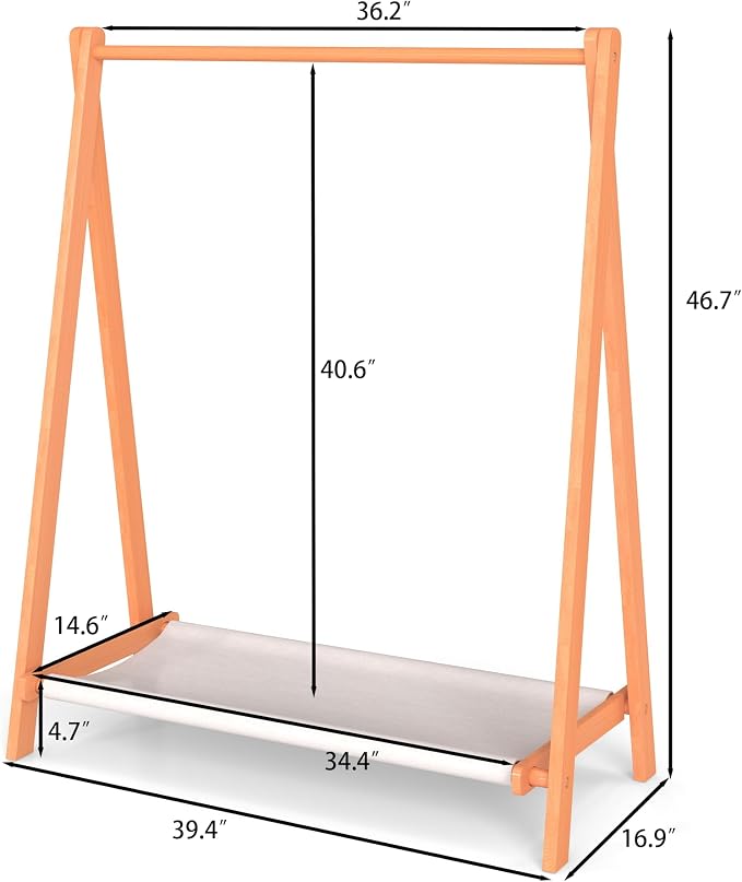 Kids Clothing Rack,Foldable Beechwood Small Baby Clothes Rack with Bottom Storage Shelf,for Laundry Drying,Mini,Floor Standing,Portable(39.4" L)
