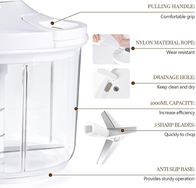 LHS Manual Food Processor Large Vegetable Chopper, 1000ML Pull String Chopper Garlic Mincer Onion Cutter for Veggies,Salad,Fruits, Nuts, BPA Free, WHITE